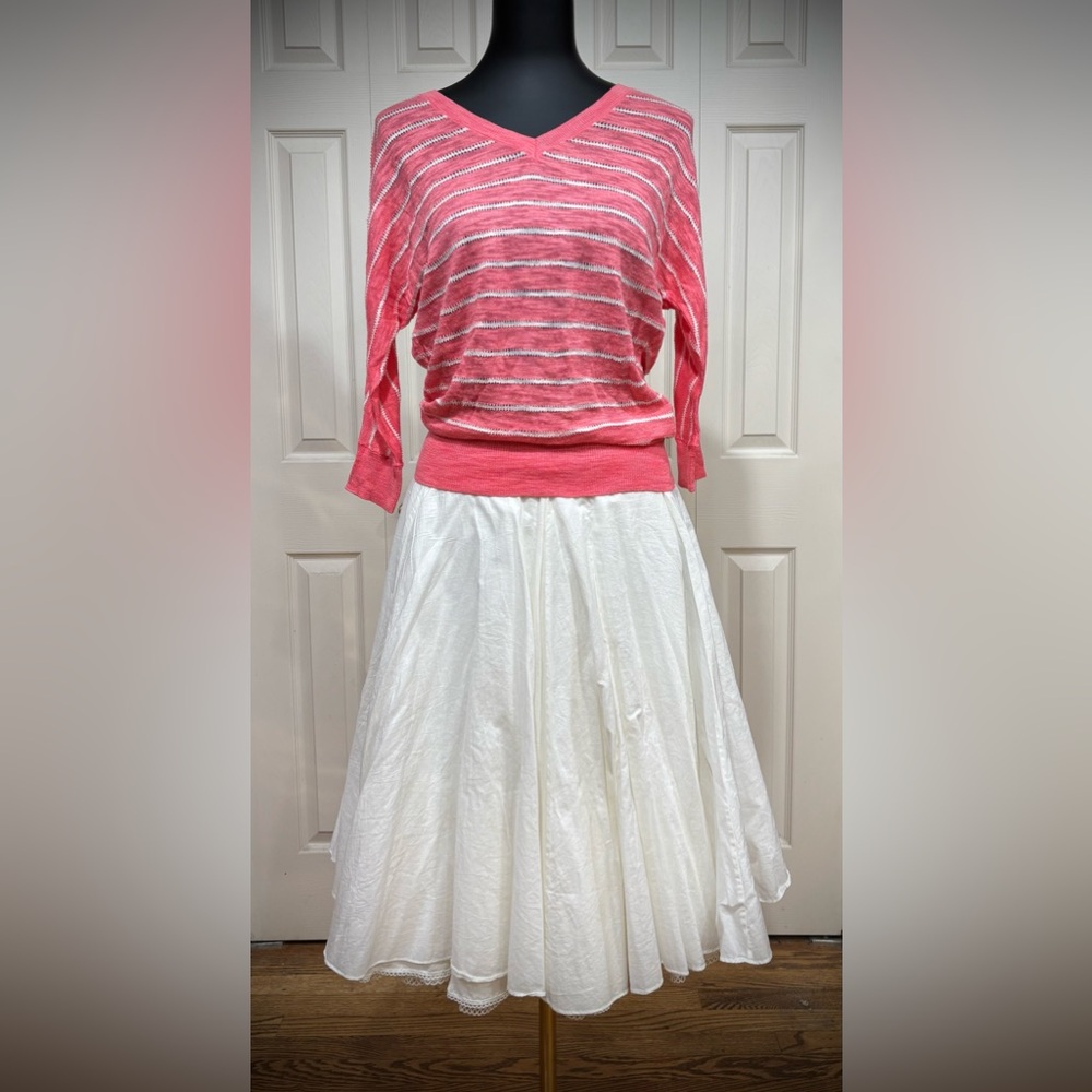 🌸 DKNY long-3/4 sleeve, striped v-neck knit sweater, watermelon pink, Pointelle
